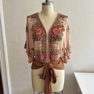 Tracey Reese silk beaded top with ribbon flowers